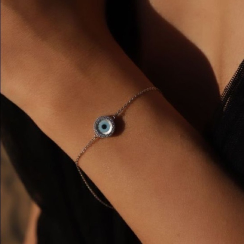 14K Solid Real Yellow Gold Evil Eye Bracelet 8"